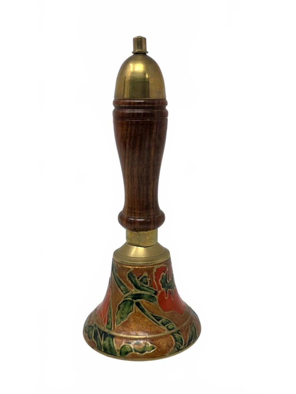 Vintage Enesco Brass Enamel Floral Hand Bell Wood Handle Made in India